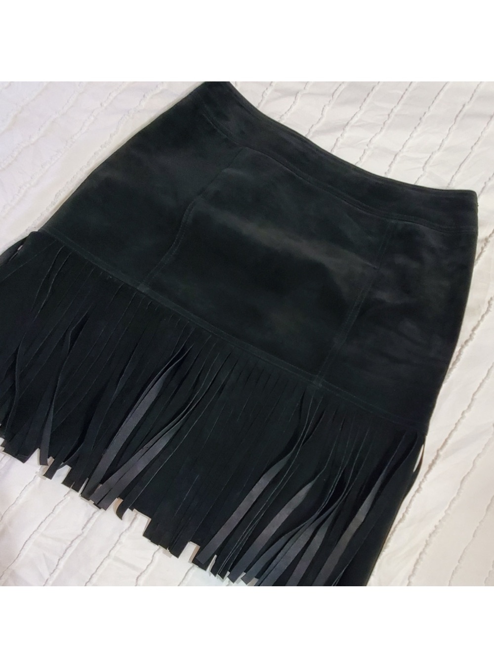 Vintage Black Suede Leather Fringe Mini Skirt, Size 2 / 4